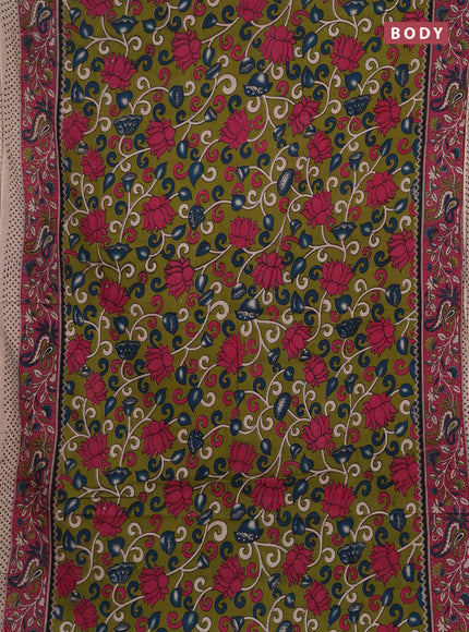 Kalamkari cotton saree sap green and pink with allover prints and printed border