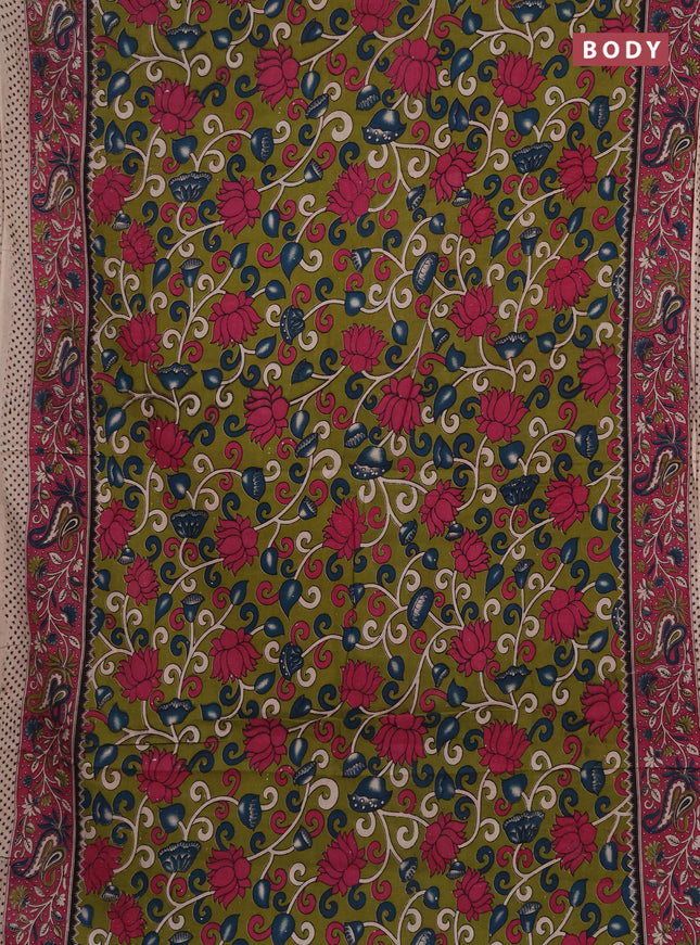 Kalamkari cotton saree sap green and pink with allover prints and printed border