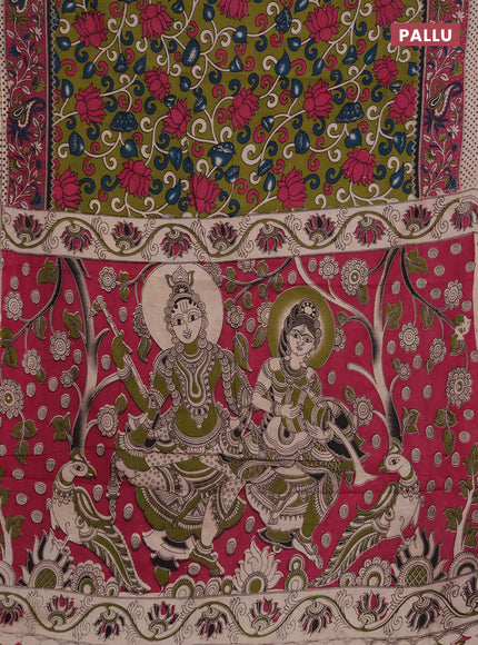 Kalamkari cotton saree sap green and pink with allover prints and printed border