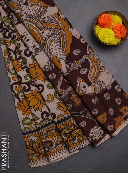 Kalamkari cotton saree beige and yellow with allover prints and printed border