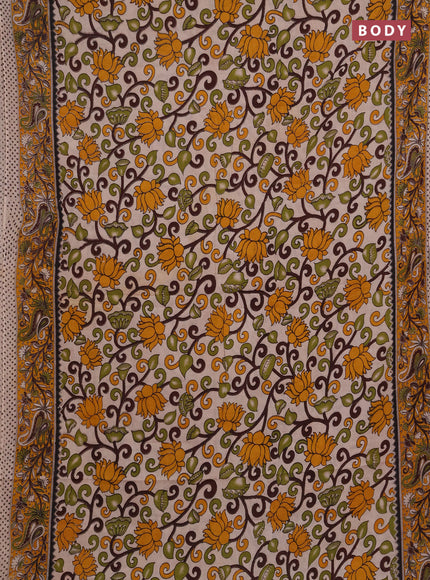 Kalamkari cotton saree beige and yellow with allover prints and printed border