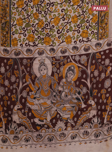 Kalamkari cotton saree beige and yellow with allover prints and printed border