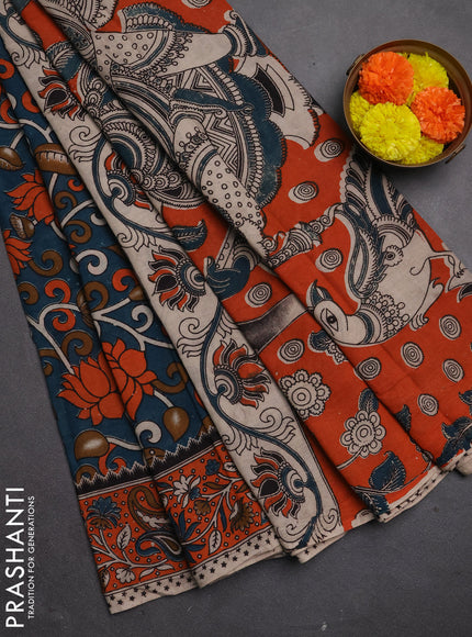 Kalamkari cotton saree peacock green and orange with allover prints and printed border