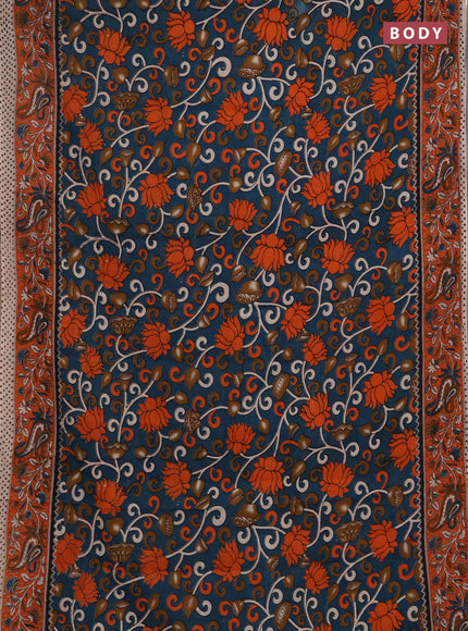 Kalamkari cotton saree peacock green and orange with allover prints and printed border