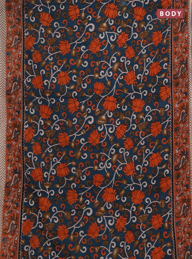 Kalamkari cotton saree peacock green and orange with allover prints and printed border