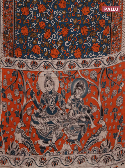 Kalamkari cotton saree peacock green and orange with allover prints and printed border