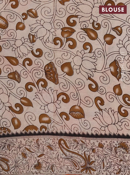 Kalamkari cotton saree peacock green and orange with allover prints and printed border