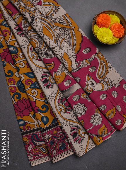 Kalamkari cotton saree yellow and pink with allover prints and printed border