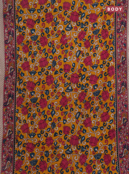 Kalamkari cotton saree yellow and pink with allover prints and printed border