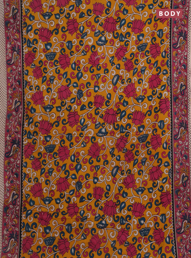 Kalamkari cotton saree yellow and pink with allover prints and printed border