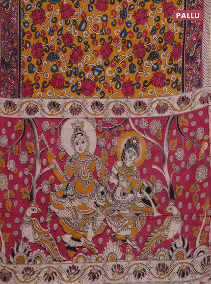 Kalamkari cotton saree yellow and pink with allover prints and printed border
