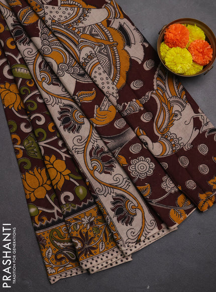 Kalamkari cotton saree deep maroon and yellow with allover prints and printed border
