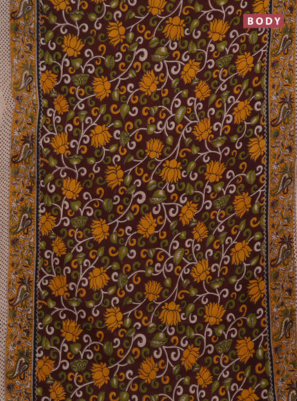 Kalamkari cotton saree deep maroon and yellow with allover prints and printed border