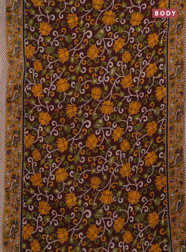Kalamkari cotton saree deep maroon and yellow with allover prints and printed border