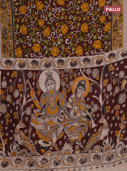 Kalamkari cotton saree deep maroon and yellow with allover prints and printed border