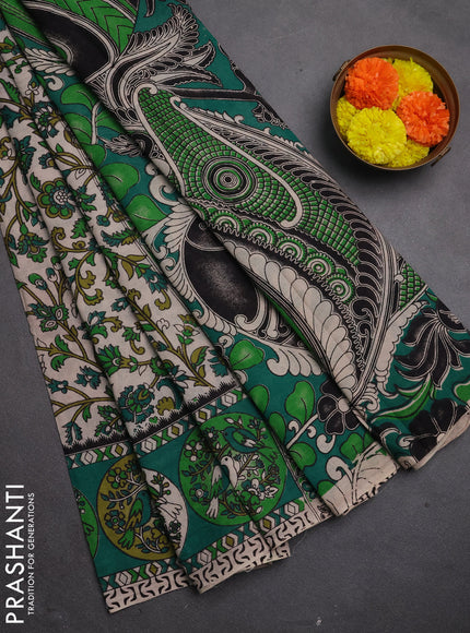 Kalamkari cotton saree beige and green with allover prints and printed border