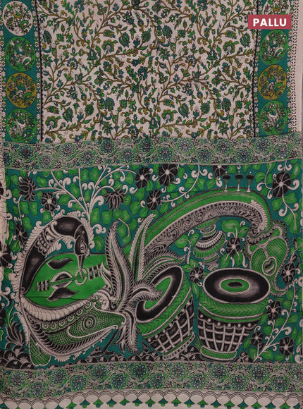 Kalamkari cotton saree beige and green with allover prints and printed border