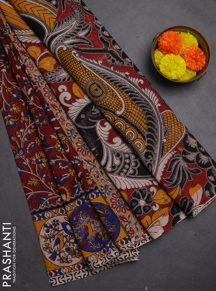 Kalamkari cotton saree maroon and yellow with allover prints and printed border