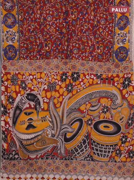 Kalamkari cotton saree maroon and yellow with allover prints and printed border