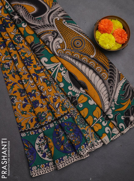 Kalamkari cotton saree mustard yellow and green with allover prints and printed border