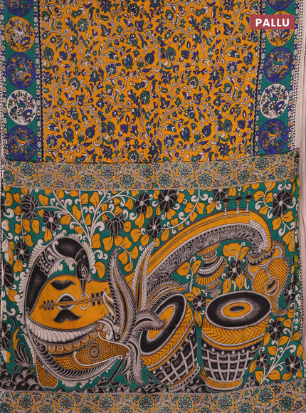 Kalamkari cotton saree mustard yellow and green with allover prints and printed border