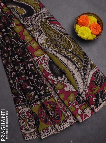 Kalamkari cotton saree black and mehendi green with allover prints and printed border