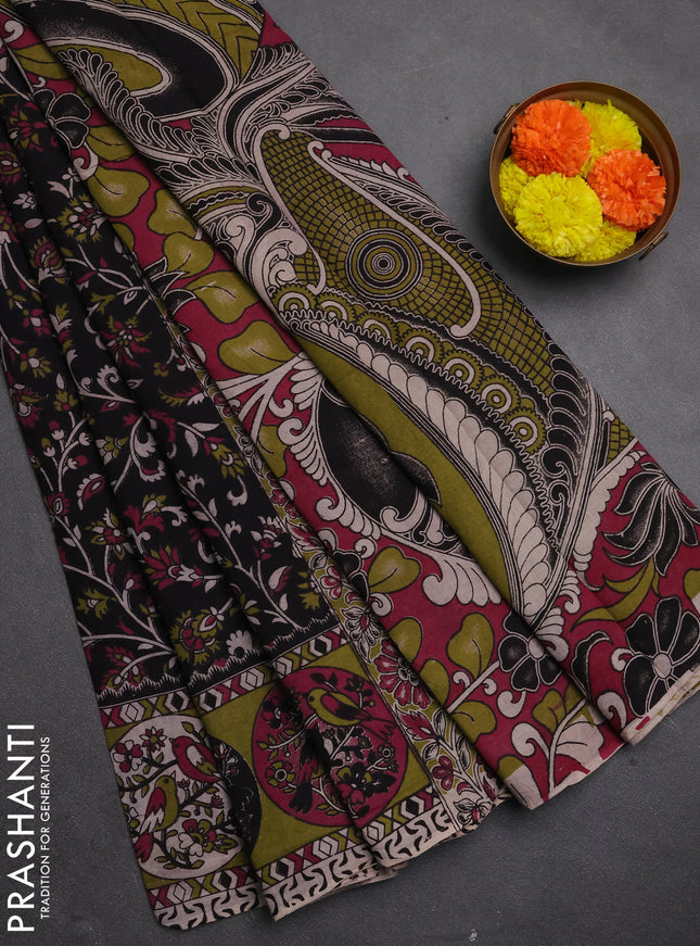 Kalamkari cotton saree black and mehendi green with allover prints and printed border