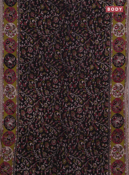 Kalamkari cotton saree black and mehendi green with allover prints and printed border