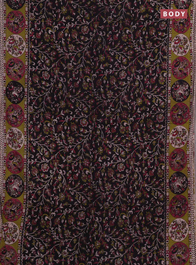 Kalamkari cotton saree black and mehendi green with allover prints and printed border