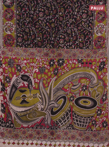Kalamkari cotton saree black and mehendi green with allover prints and printed border