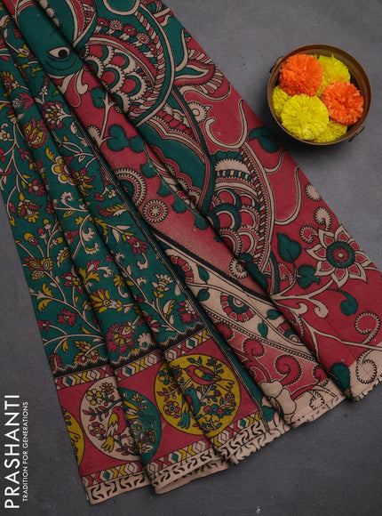Kalamkari cotton saree green and maroon with allover prints and printed border