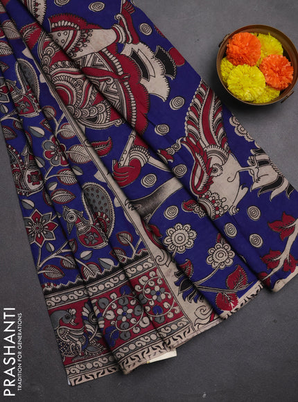Kalamkari cotton saree blue and dark pink with allover prints and printed border