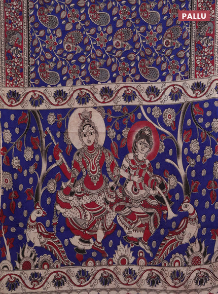 Kalamkari cotton saree blue and dark pink with allover prints and printed border