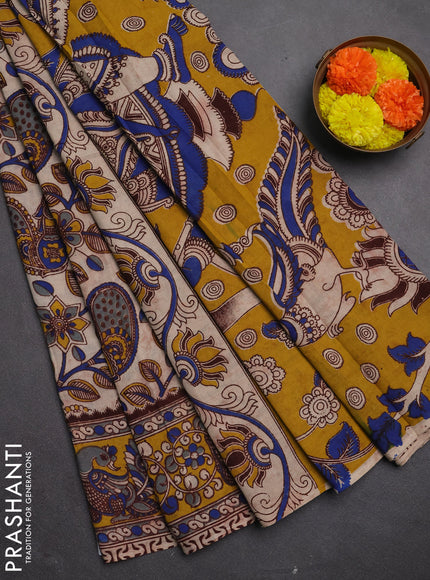 Kalamkari cotton saree beige and yellow with allover prints and printed border
