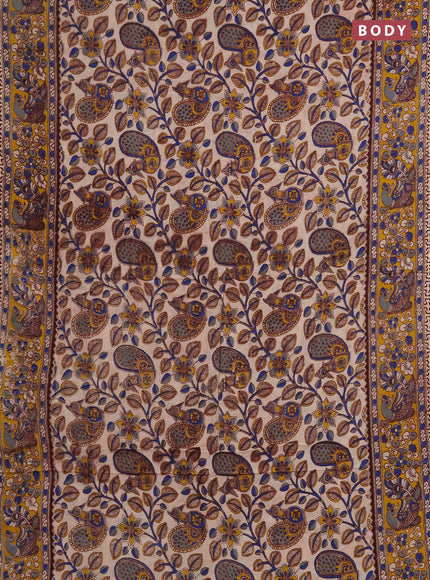 Kalamkari cotton saree beige and yellow with allover prints and printed border