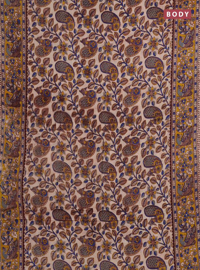 Kalamkari cotton saree beige and yellow with allover prints and printed border
