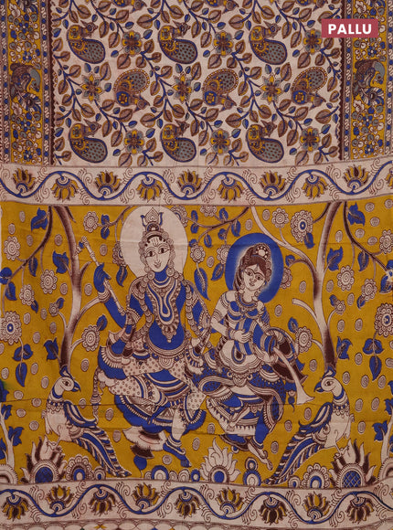 Kalamkari cotton saree beige and yellow with allover prints and printed border