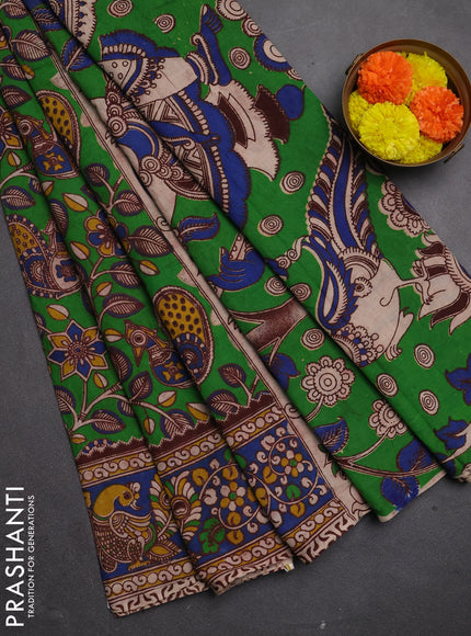 Kalamkari cotton saree light green and blue with allover prints and printed border