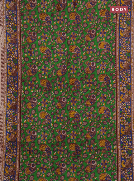 Kalamkari cotton saree light green and blue with allover prints and printed border