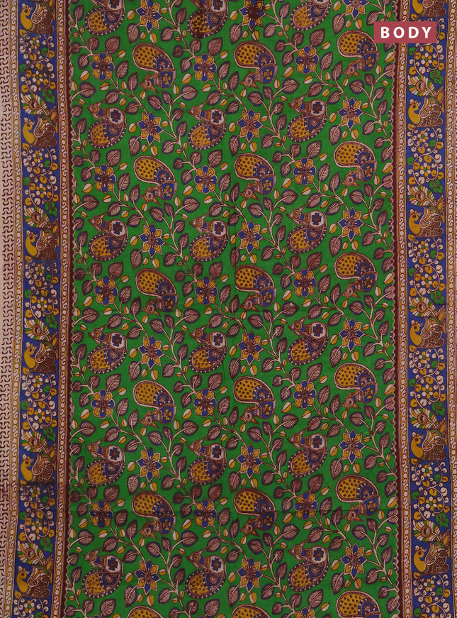Kalamkari cotton saree light green and blue with allover prints and printed border