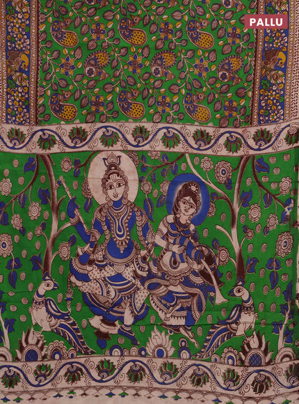 Kalamkari cotton saree light green and blue with allover prints and printed border