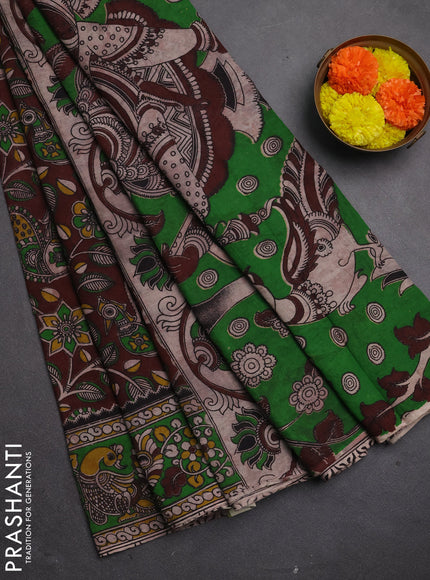 Kalamkari cotton saree deep maroon and green with allover prints and printed border