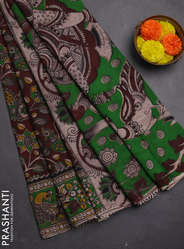 Kalamkari cotton saree deep maroon and green with allover prints and printed border