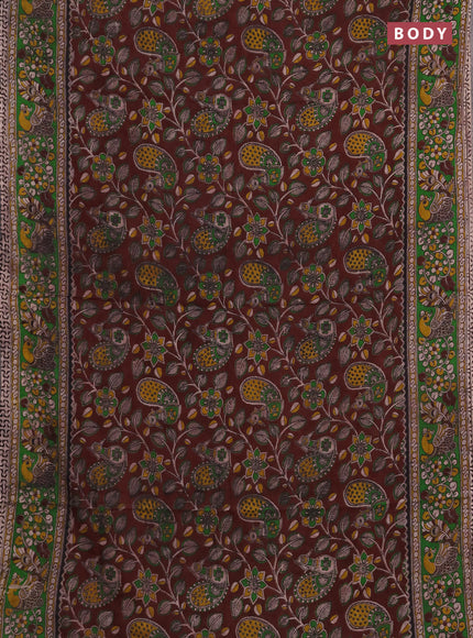 Kalamkari cotton saree deep maroon and green with allover prints and printed border