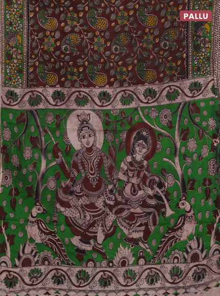 Kalamkari cotton saree deep maroon and green with allover prints and printed border