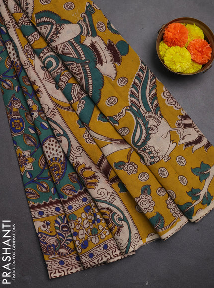Kalamkari cotton saree green shade and yellow with allover prints and printed border