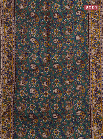 Kalamkari cotton saree green shade and yellow with allover prints and printed border