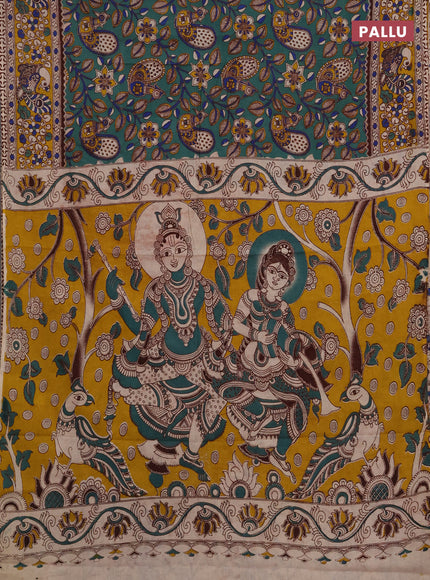 Kalamkari cotton saree green shade and yellow with allover prints and printed border