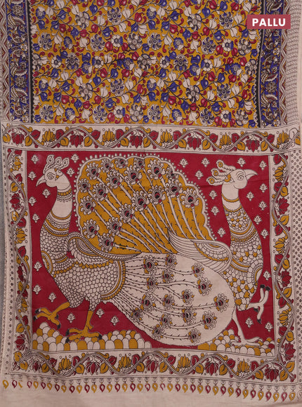 Kalamkari cotton saree mustard yellow and blue with allover prints and printed border