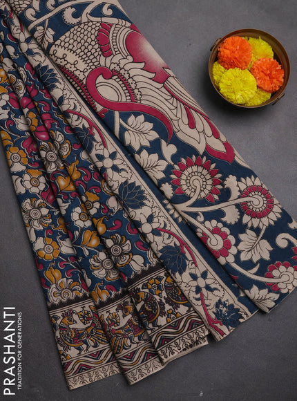 Kalamkari cotton saree teal green and beige with allover prints and printed border